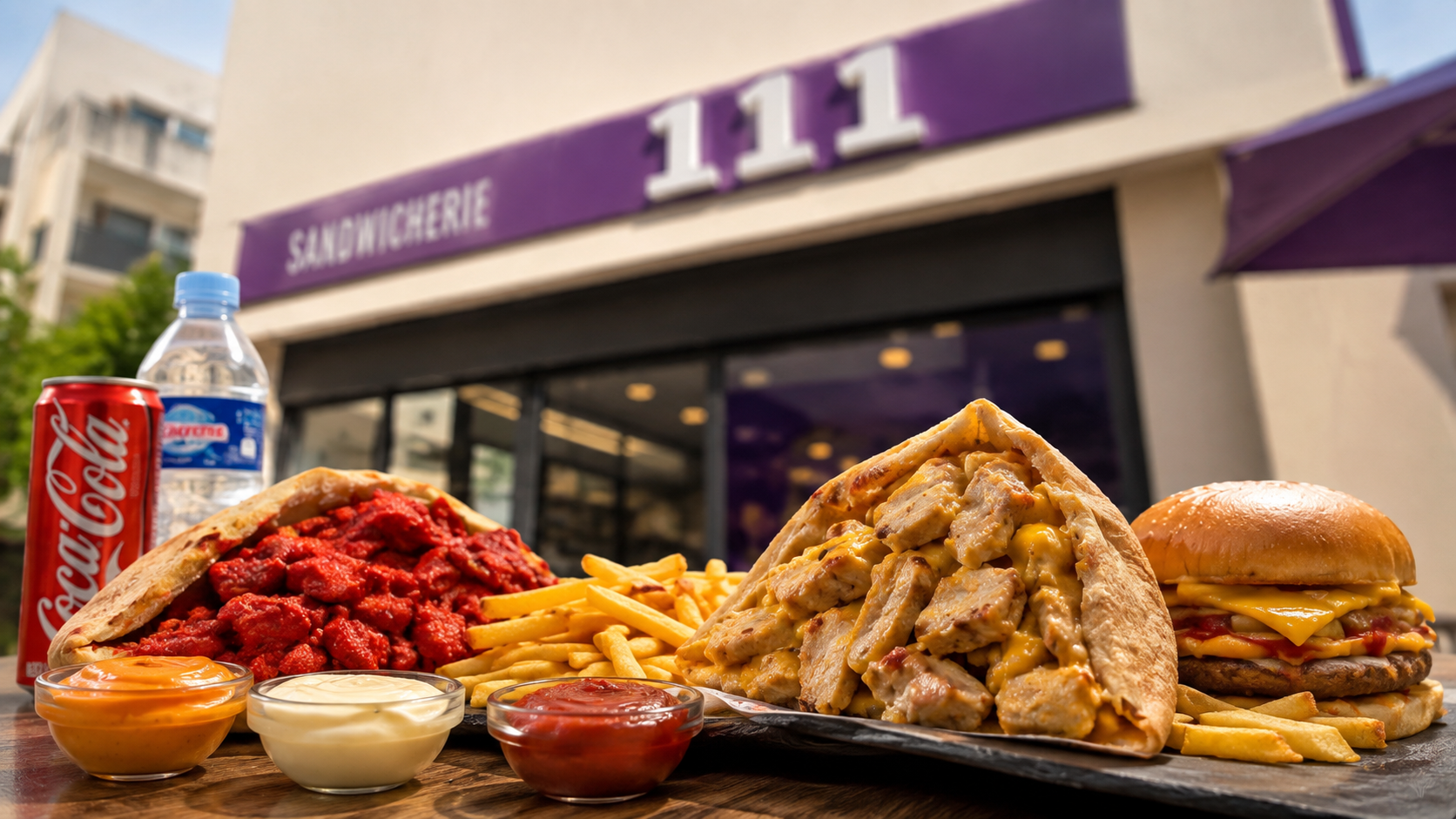 Devanture du 111 Sandwicherie avec sandwichs, burger, frites et boissons